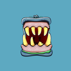 Vector cartoon funny silly zombie monster mouth with rotten teeth isolated on a blue background. Vector happy Halloween kids t-shirt design template with funky monster mouth