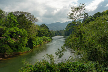 Fototapeta na wymiar River landscape, Peradeniya Royal Botanical Gardens, Kandy, natural green landscape, Sri Lanka.