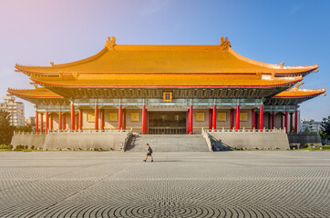 Obraz premium Taipei, Taiwan - Circa April 2018 -Taiwan's National Theater at Liberty Square next to Chiang Kai-Shek Memorial Hall. Taipei, Taiwan. Chinese letters means 
