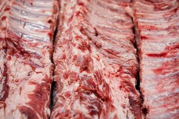 Fresh meat, pork steaks, beef.  Farm meat on the market.