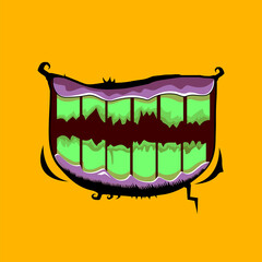 Vector cartoon funny zombie monster mouth with rotten teeth isolated on orange background. Vector happy Halloween kids t-shirt design template with funky monster mouth