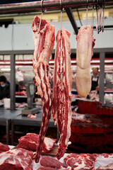 Fresh meat, pork steaks, beef.  Farm meat on the market.