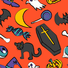 vector halloween character black rough outlines brush stroke seamless pattern on orange