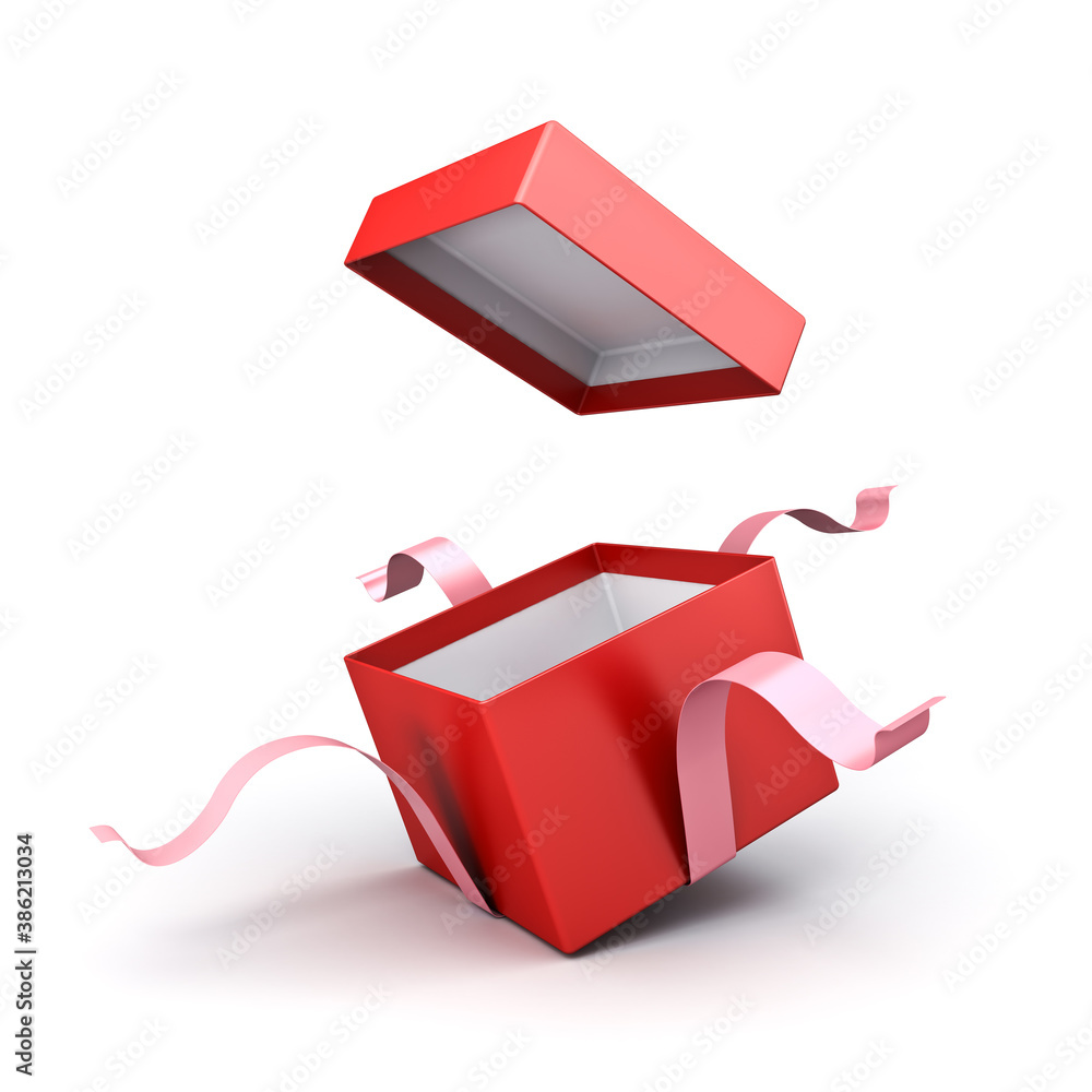 Poster open red gift box or present box with sweet pink ribbons isolated on white background with shadow 3d