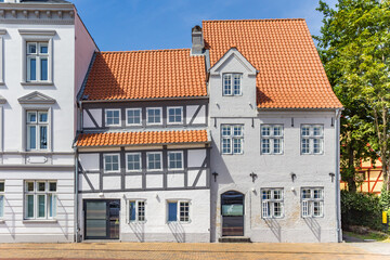 White half timbered house in historic city Flensburg, Germany
