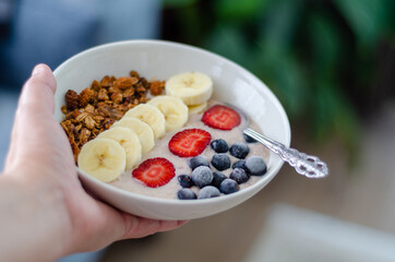 Healthy breakfast oatmeal porridge with fruits