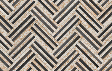 Light wooden background. Black and white parquet floor with herringbone pattern. Shabby wooden planks texture. 