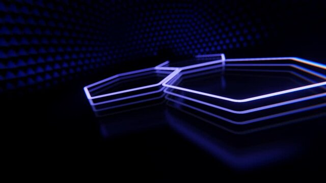 Spinning hexagonal pattern with dispersion effect seamless animation. Colorful screensaver blurred background.