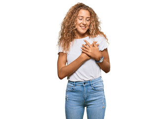 Beautiful caucasian teenager girl wearing casual white tshirt smiling with hands on chest with closed eyes and grateful gesture on face. health concept.