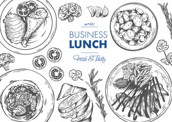 Restaurant lunch menu template. Linear graphic. Vector illustration