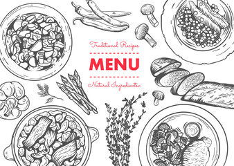 Restaurant lunch menu template. Linear graphic. Vector illustration