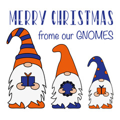 Christmas Card, Season's greetings, cute Christmas gnomes on a white background. Flat design of a characters of dwarfs.