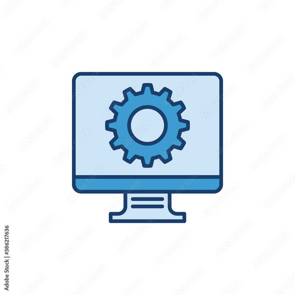 Poster computer with cog wheel icon - pc service or settings vector concept symbol