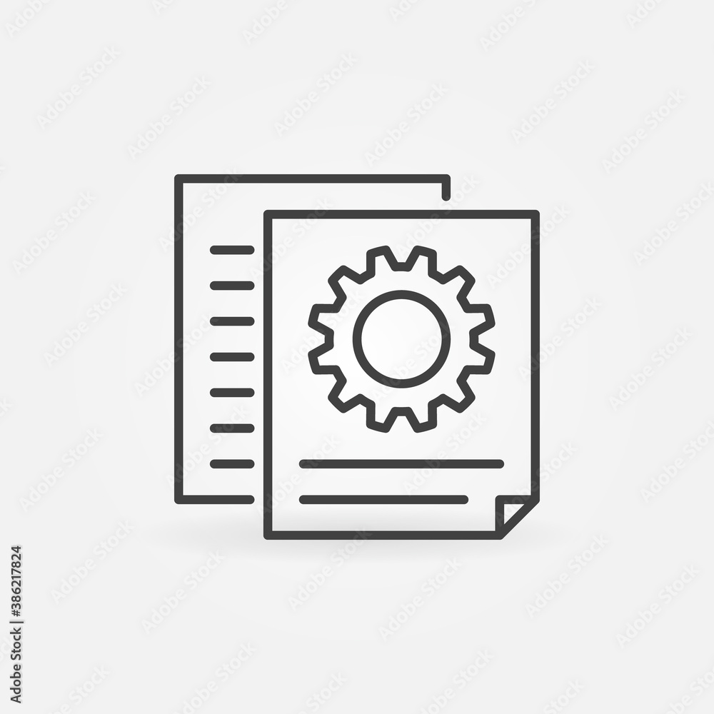 Aufkleber documents with cog wheel vector concept icon or symbol in thin line style