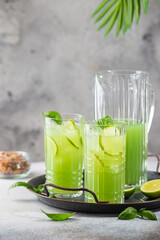 Cold basil lemonade refreshing summer drink on gray background
