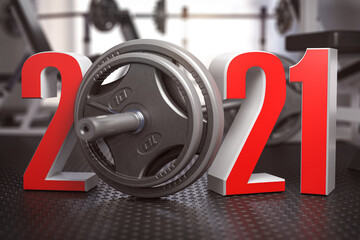 2021 Happy New Year  in fitness bodybuilding workout gym. Number 2021 with barbell and oter spoirt equipment.