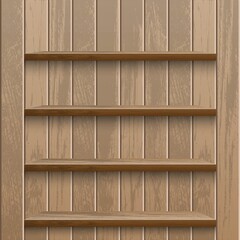 Realistic empty wooden shelf on wood wall metadata