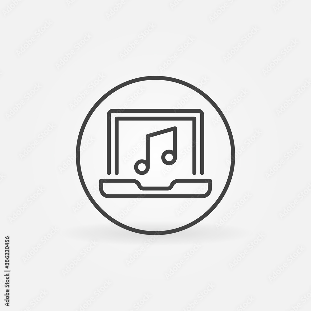 Aufkleber laptop with musical note in circle vector thin line concept round icon or design element