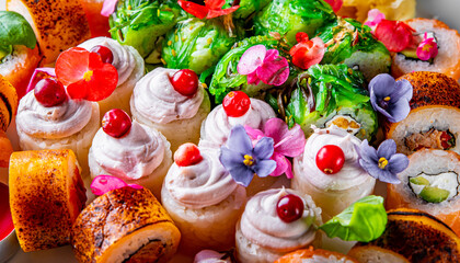 set of sushi roll with salmon, avocado, cream cheese, cucumber, rice, caviar, eel, tuna in plate