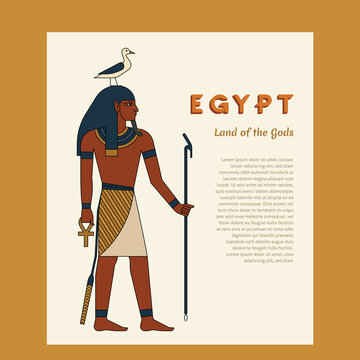 Egyptian ancient god Seb or Keb. The man is holding a staff. On the head are bird. Ankh. Vector illustration.