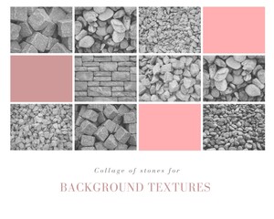 Fotocollage mit dekorativen Steinen für die Gartengestaltung und als Hintergrund-Textur 