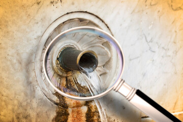 Checking the water purity of public drinking fountains - Are drinking fountains safe and free from germs, bacteria and virus? - concept image with water gushing as seen from a magnifying glass