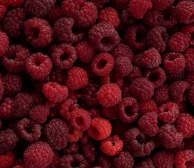 Ripe raspberries for background, top view, full screen image