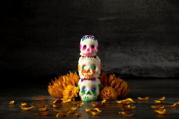 Day of the dead composition, sugar skulls, with black background