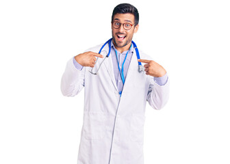 Young hispanic man wearing doctor uniform and stethoscope looking confident with smile on face,...