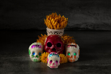 Day of the dead composition, sugar skulls, with black background