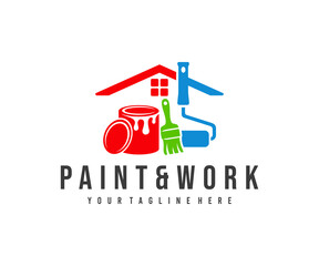 Painting and decorating, paint work and house painting, logo design. Home, painting tools, can of paint, roller brush and brush, vector design and illustration
