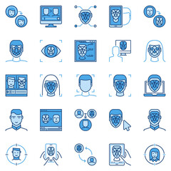 Face Detection and Deepfake blue modern icons collection - vector Human Face Verification Technology concept creative symbols or logo elements
