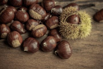 sweet chestnuts rustic composition on daylight