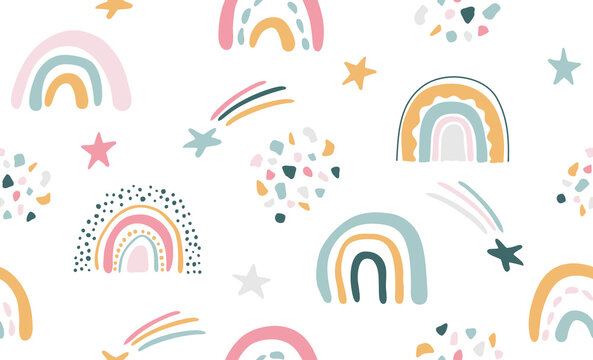 Seamless vector pattern with hand drawn rainbows and sun.