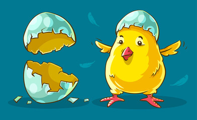 Chicken baby hatched from egg. Yellow nestling domestic bird near shells of eggs. Flying feathers around on blue background. Easter holiday. Illustration.