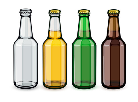 Beer bottles set of empty and full filled with crafting brewery beer drink glass tare closed with caps, isolated white background. Illustration.