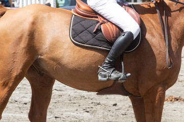 Obraz premium Man riding a chestnut horse at walking pace