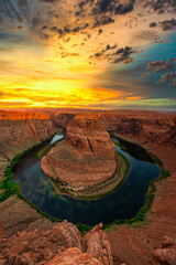 Scenic Colorado river at sunset. Famous Horseshoe bend with stunning sunset. Arizona near Page, USA.
