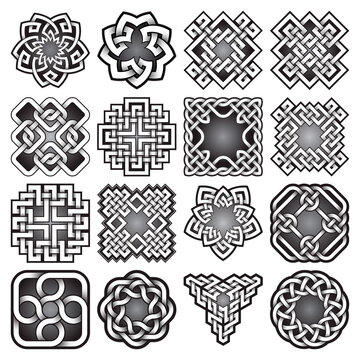 Set of abstract sacred geometry symbols in Celtic knots style. Tribal tattoo signs collection.