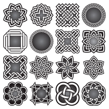 Set of abstract sacred geometry symbols in Celtic knots style. Tribal tattoo signs collection.