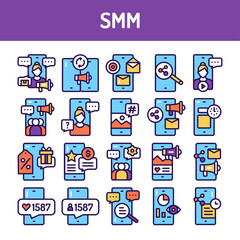SMM tools promotion line color icons set. Isolated vector element. 