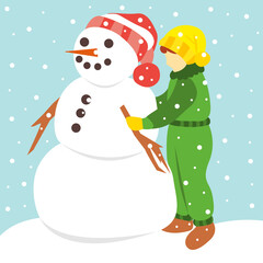 Cute little girl making a snowman. Snowing. Vector color illustration in flat trendy style.