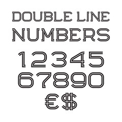 Black white strip numbers, euro and dollar sign. Double line flat font. Isolated figures.