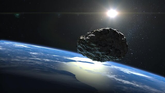 The asteroid falls to Earth. A dangerous asteroid slowly rotates and approaches the Earth. Starry sky. 4K. Stars twinkle. 3d rendering.