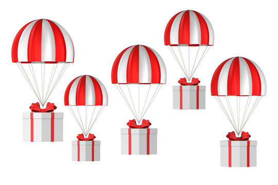 white box with red bow and parachute on white background. Isolated 3D illustration