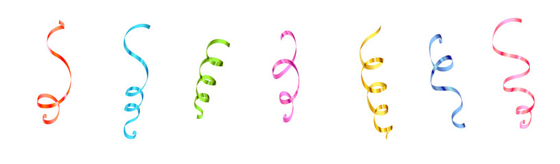 Colorful confetti ribbons isolated on white. Vector illustration. Streamers for celebration party design. Holiday decoration for Christmas, birthday or wedding banners, flyers.