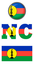 New Caledonia Islands flag icons on a white background. Vector image: flag of New Caledonia, the button and the abbreviation. You can use it to create a website, print brochures, booklets, flyers.