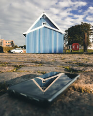 Blue boat house at Stade harbour