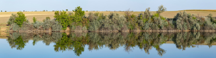 Landscape with trees, reflecting in the water.