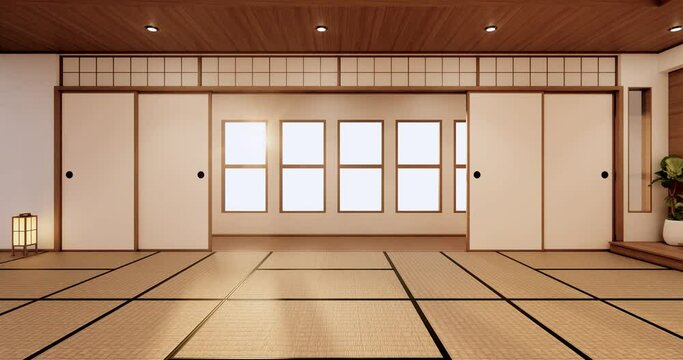 The design of the Japanese style room is spacious And light in natural tones. 3D rendering